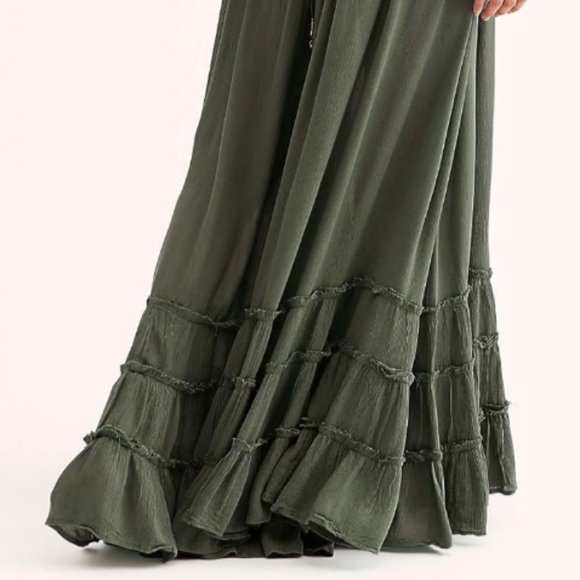 Army Green Summer Maxi Dress Tiered Full Flowy Bohemian Beach Vacation New - Picture 5 of 14